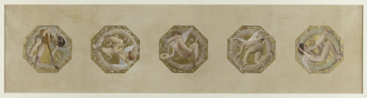 Esboço para Hôtel de Ville de Paris, Escadaria festiva: Génies portant des attributs de fête, débuten 1888 (óleo sobre papel) de Luc Oliver Merson