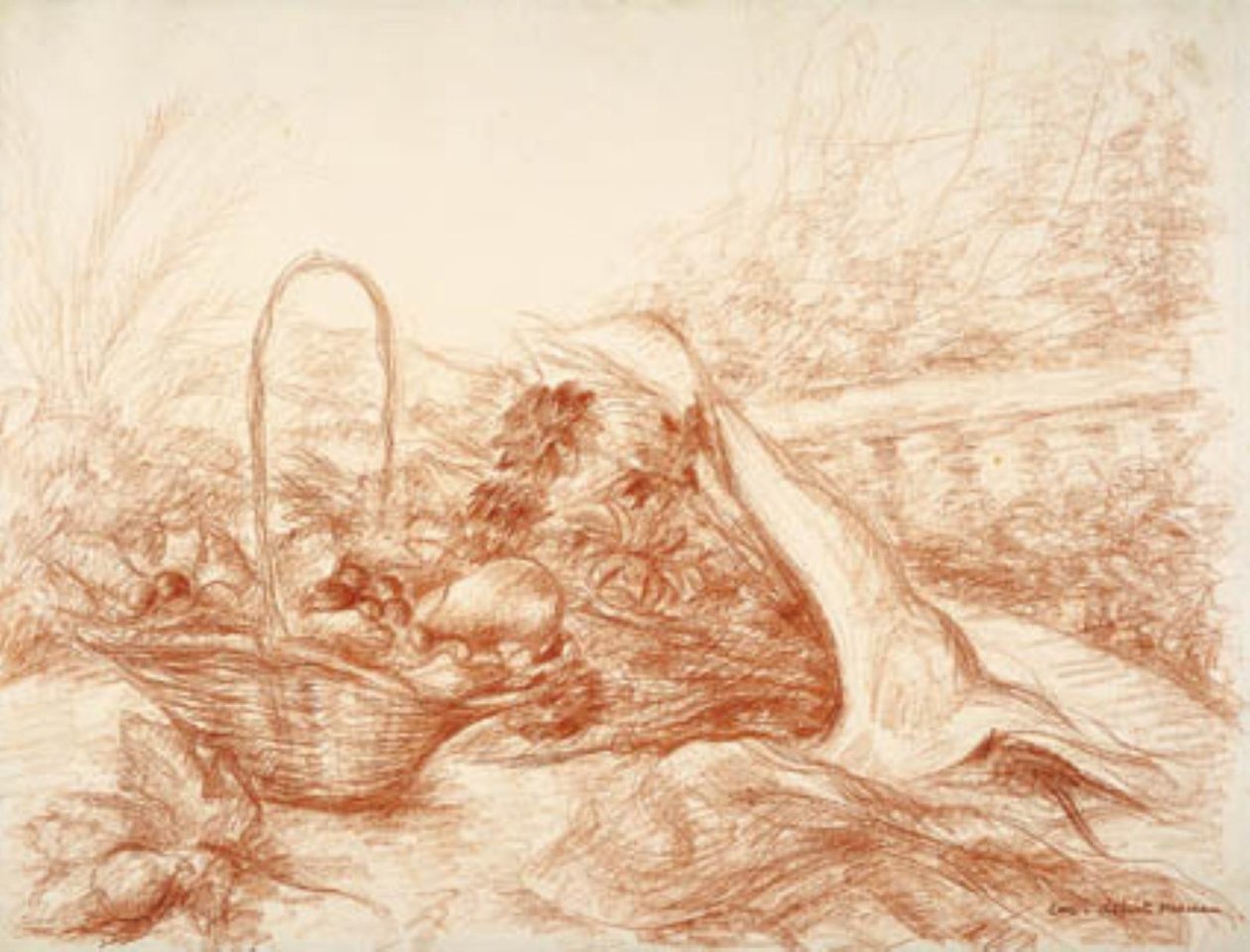 Arranjo com cesta de frutas e buquê de flores. de Luc Albert Moreau