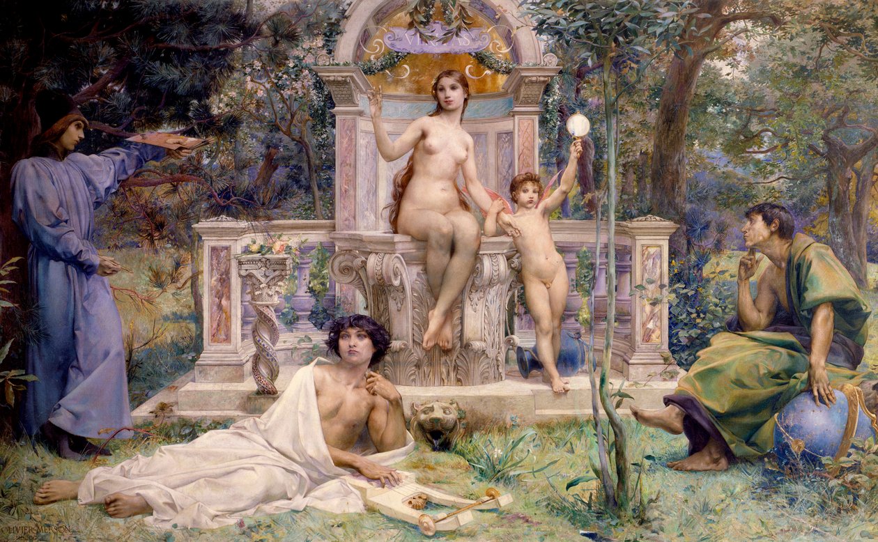 Decoração do Hotel Watel-Dehaynin: o Verite. Está rodeado de alegorias da astronomia, da música e da poesia e da pintura. Pintura de Luc Olivier Merson (1846-1920) de Luc Oliver Merson