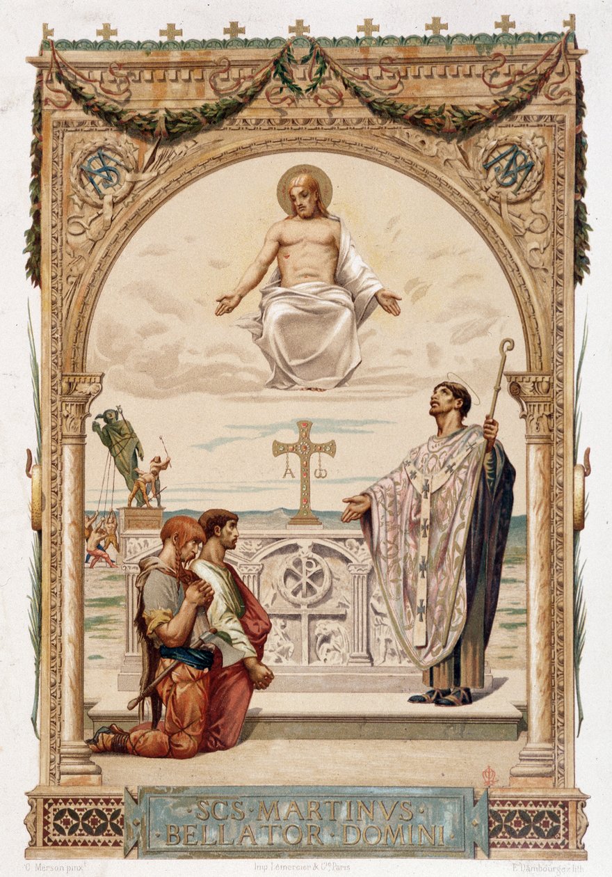 Saint Martin (São Martinho) evangelizador da Gália sob o olhar de Cristo - chromo. segundo uma pintura de Merson de Luc Oliver Merson