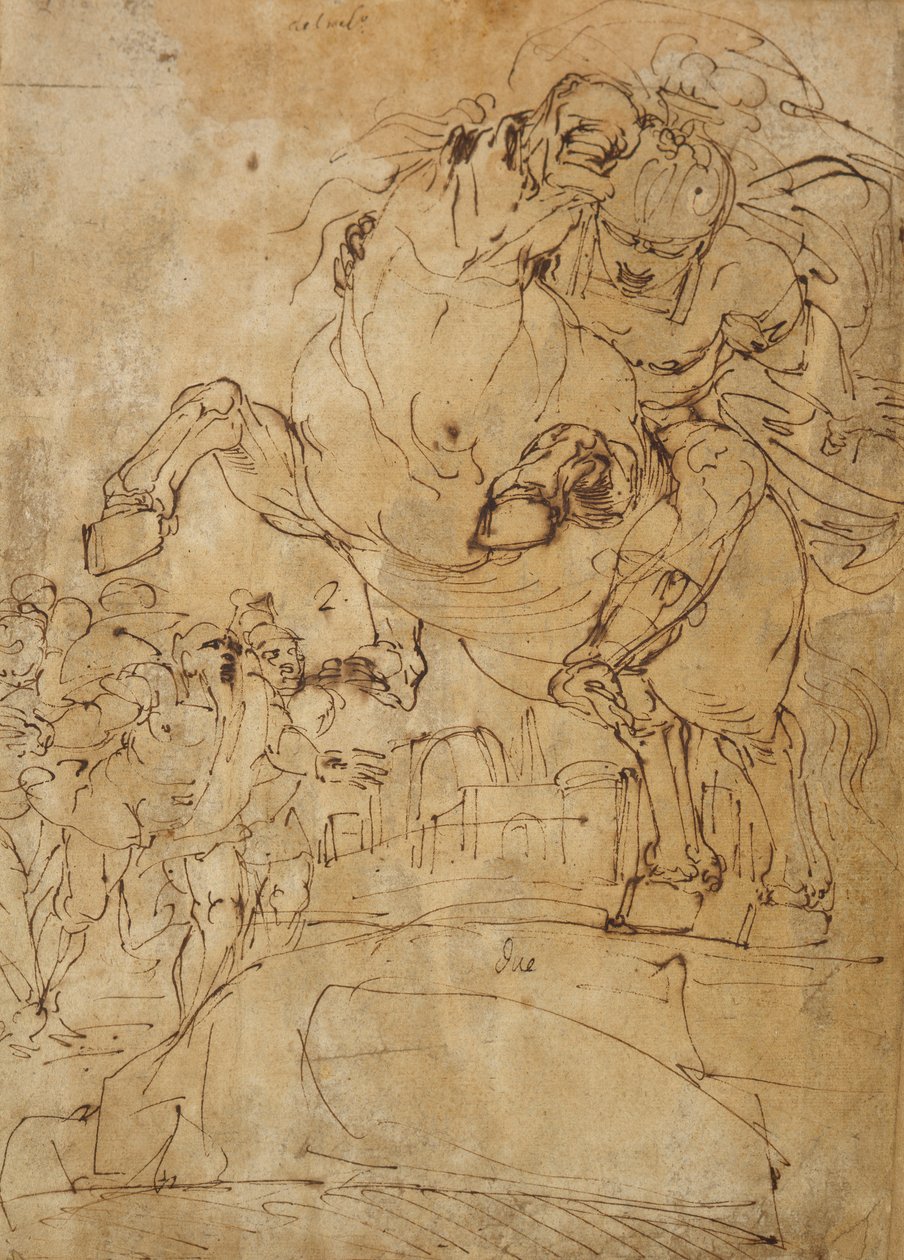 Marcus Curtius pula no Abismo, c.1574 (caneta e tinta marrom no papel) de Luca Cambiaso