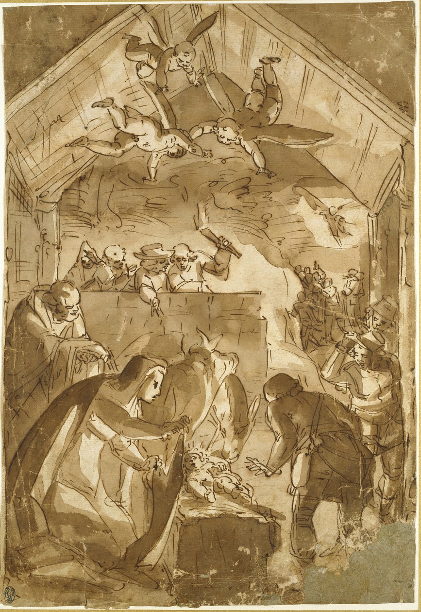 The Nativity (caneta e tinta marrom com lavagem marrom em papel branco) de Luca Cambiaso