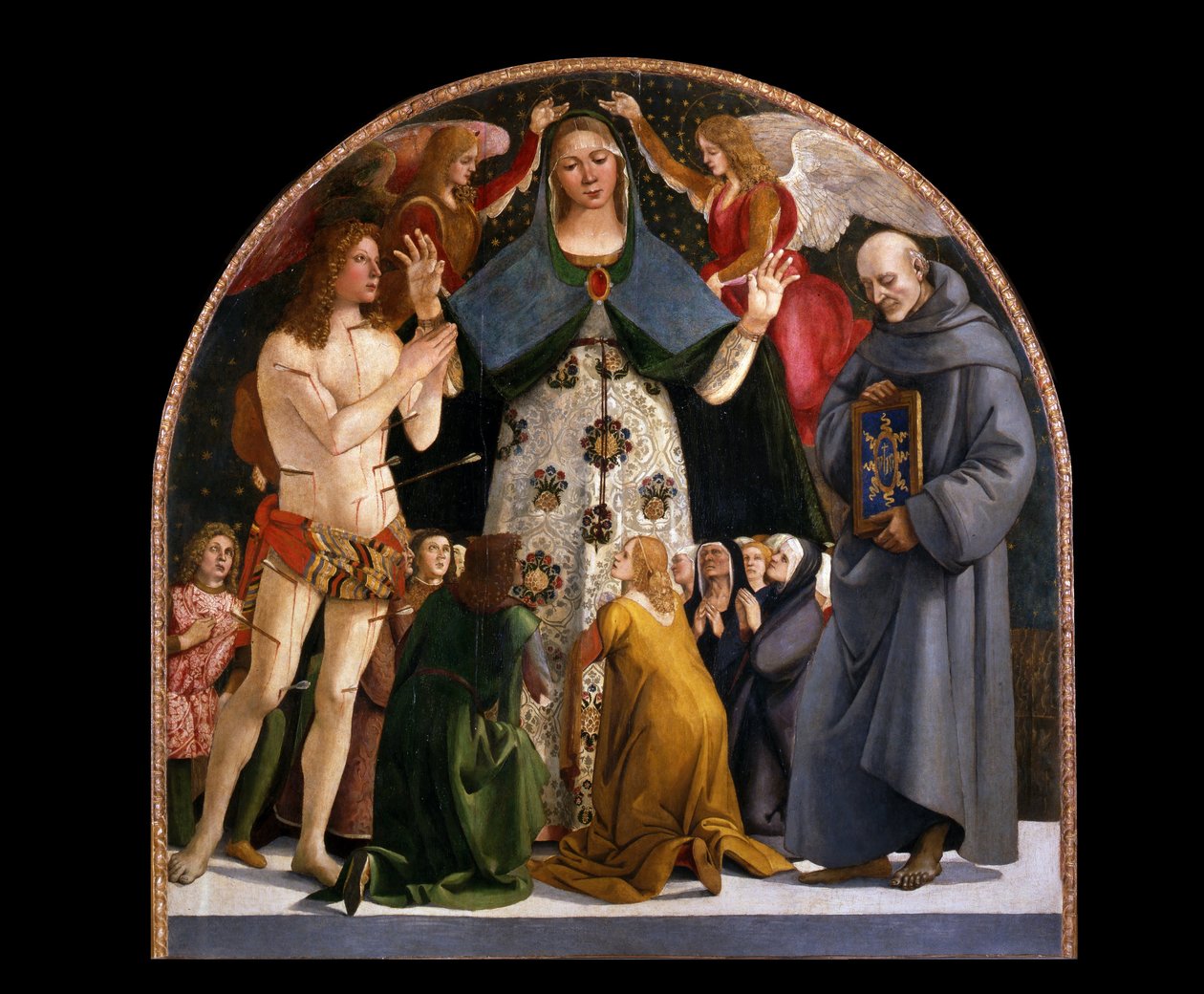 Madonna da Misericórdia e Santos Sebastian e Bernardino da Siena de Luca Signorelli