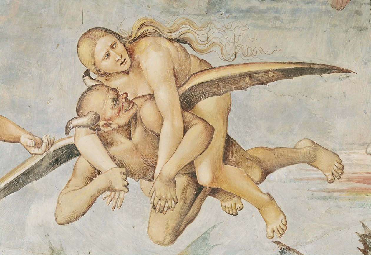 Um dos malditos montaria em um diabo, do último julgamento (detalhe) de Luca Signorelli