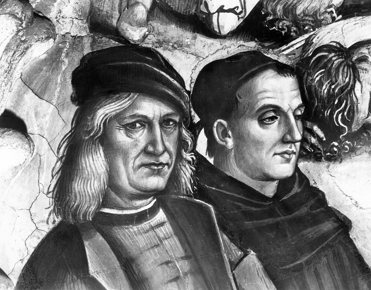 Retrato de Luca Signorelli e Fra Angelico, detalhe da Pregação e Atos do Anticristo de Luca Signorelli