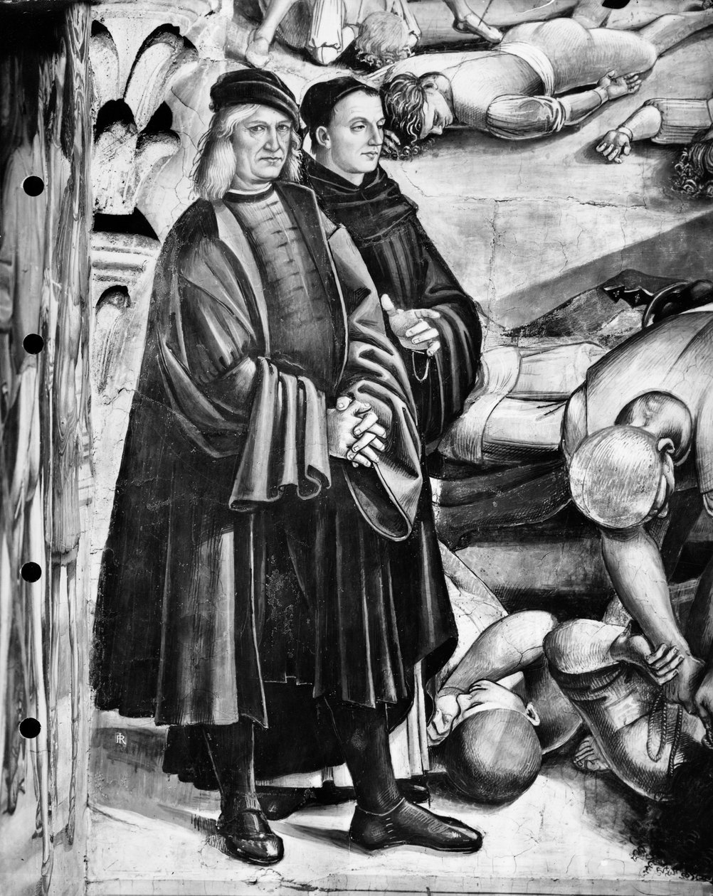 Retrato de Luca Signorelli e Fra Angelico, detalhe da Pregação e Atos do Anticristo de Luca Signorelli