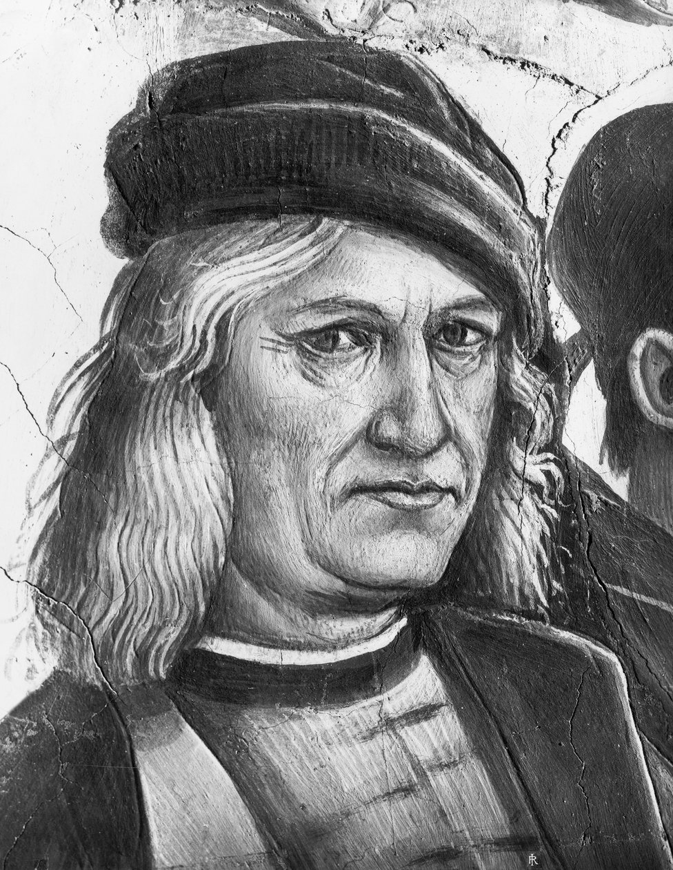 Auto-retrato, detalhe da pregação e dos atos do Anticristo de Luca Signorelli