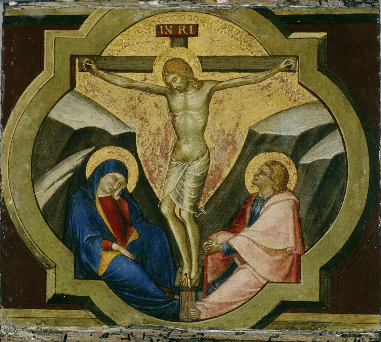 Cristo na cruz com os santos Maria e João, c.1370 (têmpera sobre madeira de choupo) de Luca di Tommè