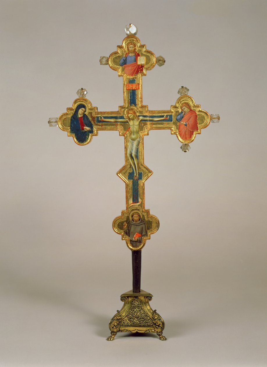 Cruz portátil, decorada com cenas do Cristo Crucificado com a Virgem, São João Evangelista e São Francisco (anverso) (têmpera, folha de prata e ouro sobre madeira com cristal de rocha) (para reversão) de Luca di Tommè