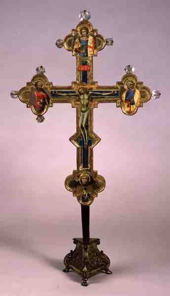 Cruz portátil, decorada com o Cristo Crucificado e Santos (reverso) (tempera, prata e folha de ouro sobre madeira com cristal de rocha) (para anverso ver 126731) de Luca di Tommè