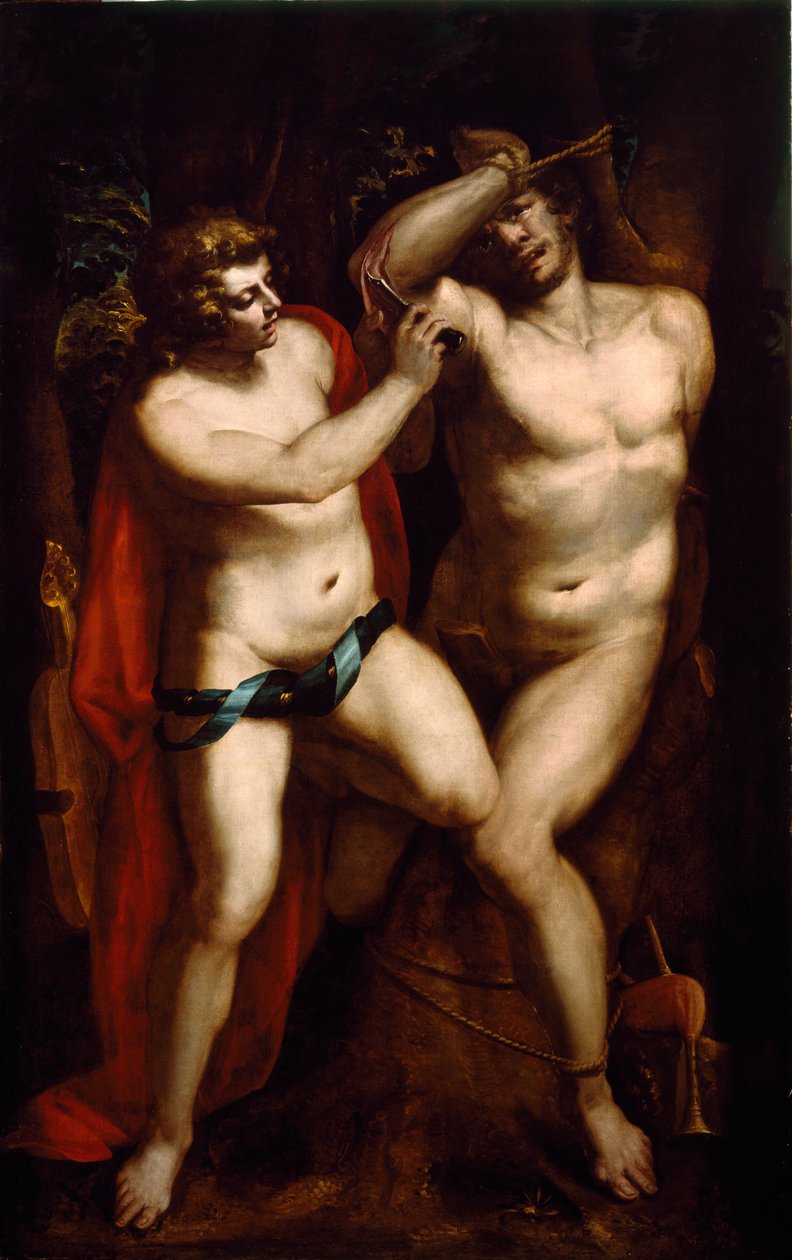 Apolo e Marsyas O sátiro é punido por ter desafiado Apolo à lira e é barrado por ela. Pintura de Luca Cambiaso (ou Cambiasi, Cangiagio) dit Lucchetto da Genova) (1527-1585) Coleção Privada do século XVI de Luca Cambiaso