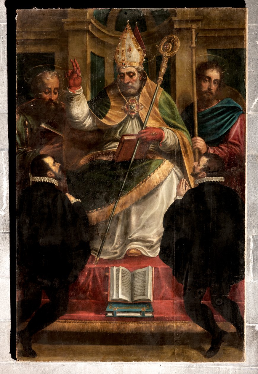 Génova, Duomo (Catedral de São Lourenço): "São Gotardo entre São Paulo e São Tiago e dois devotos ajoelhados" (1571), de Luca Cambiaso (com repintura de Carlo Giuseppe Ratti) de Luca Cambiaso