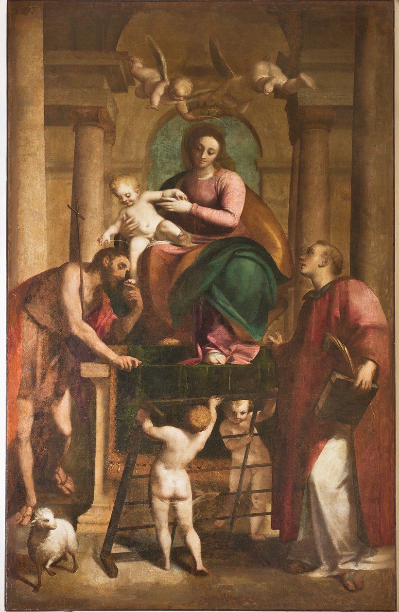 Génova, Duomo (Catedral de São Lourenço), interior, Batistério (anteriormente Igreja de São João, o Velho): "Madonna e Criança entre São João Batista e São Lourenço", de Luca Cambiaso, Pintura a óleo sobre painel de Luca Cambiaso