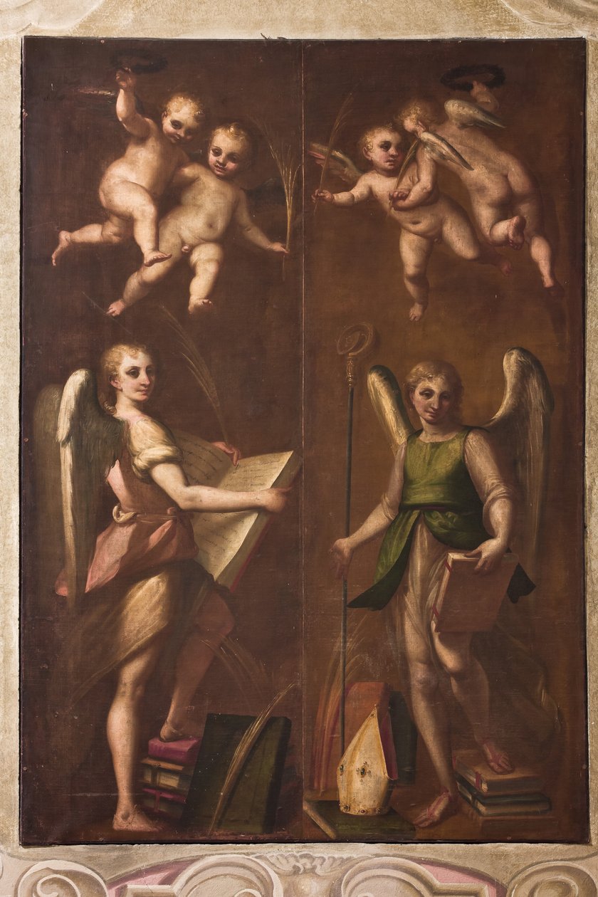 Génova, Duomo (Catedral de São Lourenço), sacristia, capela: "Anjos com insígnias episcopais, livros e ramos de palmeira", de Luca Cambiaso, cerca de 1580 de Luca Cambiaso