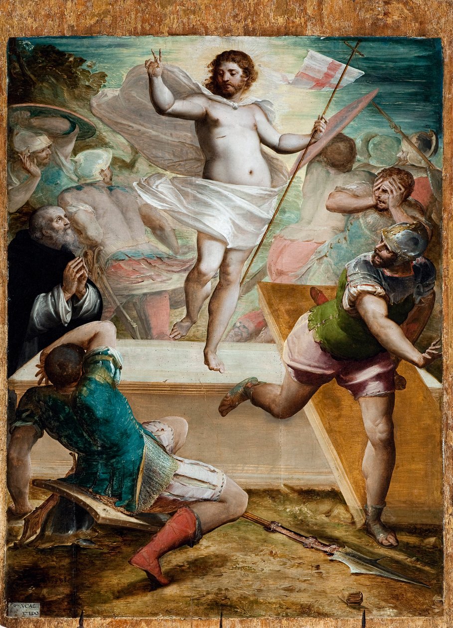 Ressurreição, Jesus segura uma cruz de pau no final da qual flutua uma marca padrão de uma cruz vermelha (Pintura de Luca Cambiaso