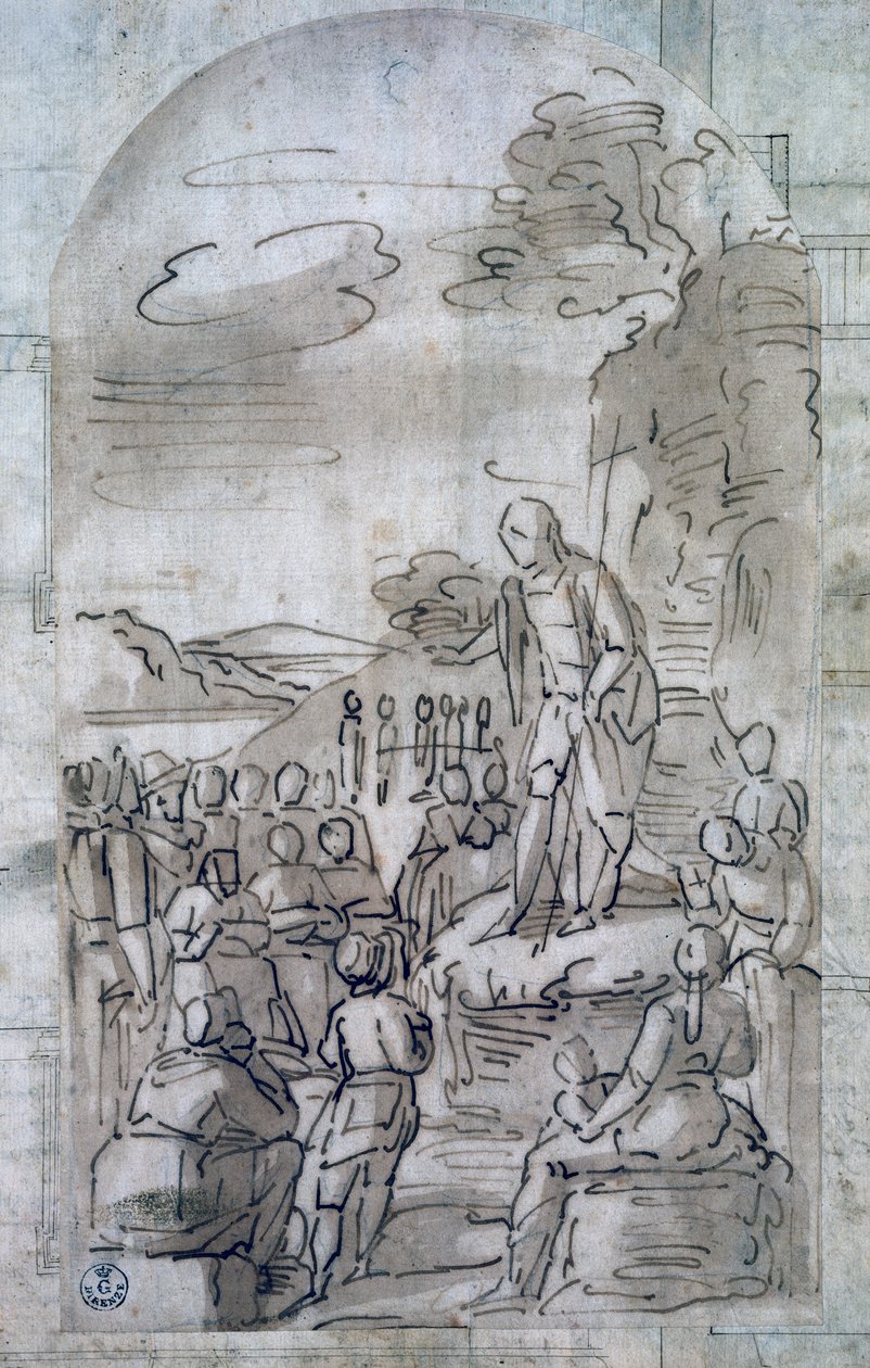 São João Batista pregando, Por Luca Cambiaso (1527-1585), Desenho em caneta e guache, Itália de Luca Cambiaso