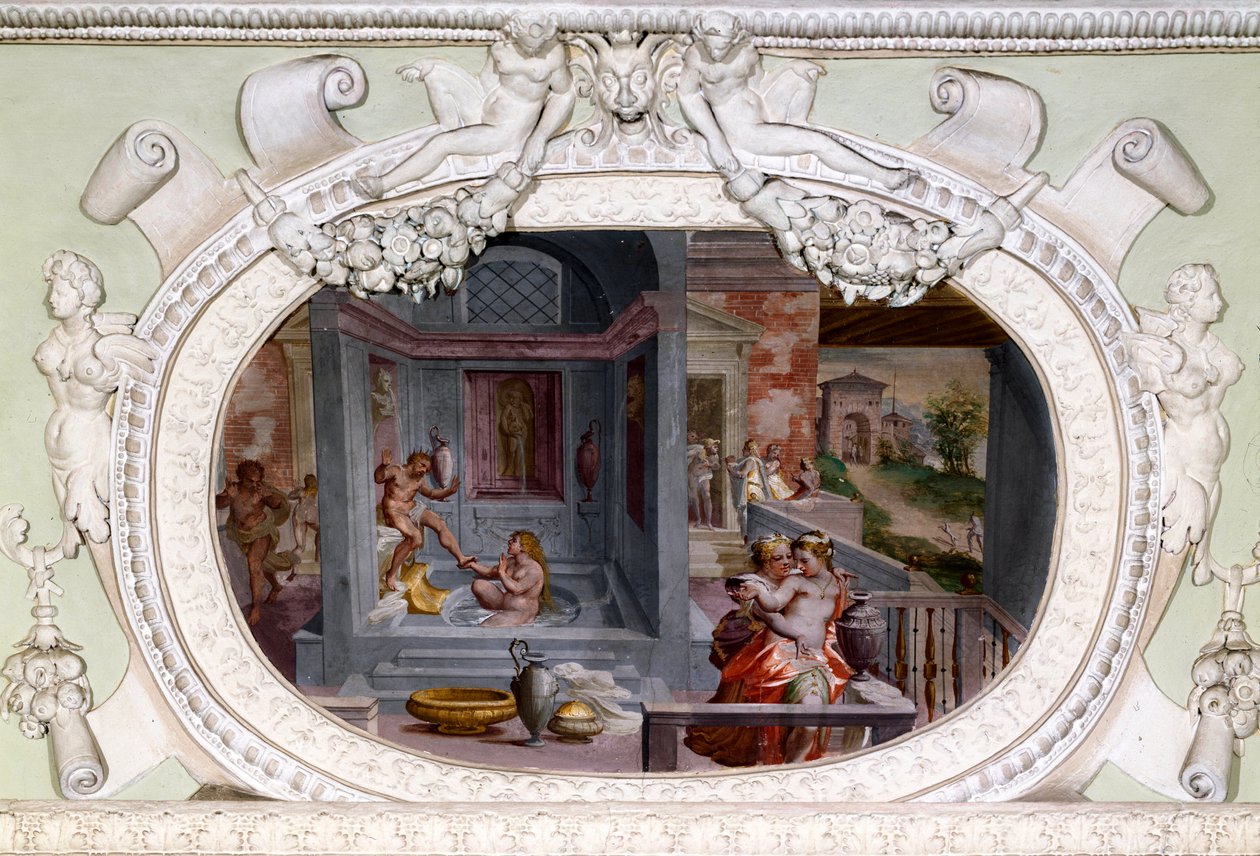 Cenas de banho, sedução. Fresco por Luca Cambiaso (1527-1585) de Luca Cambiaso