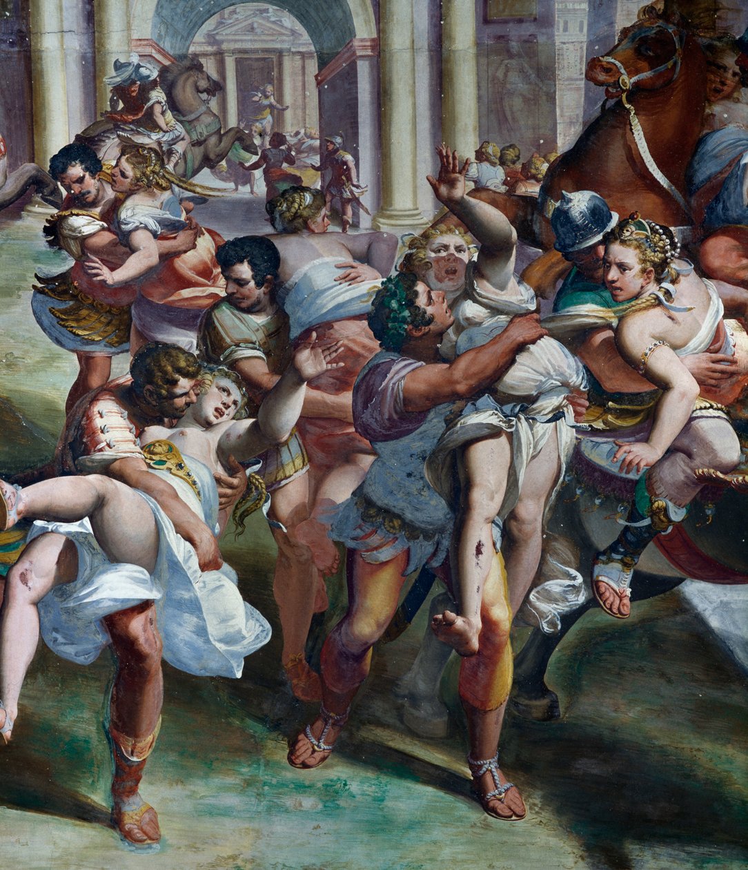 A violação de Sabine Women (século XVI), por Luca Cambiaso (1527-1585), fresco, Villa Imperiale, Génova, Ligúria, Itália, detalhe de Luca Cambiaso