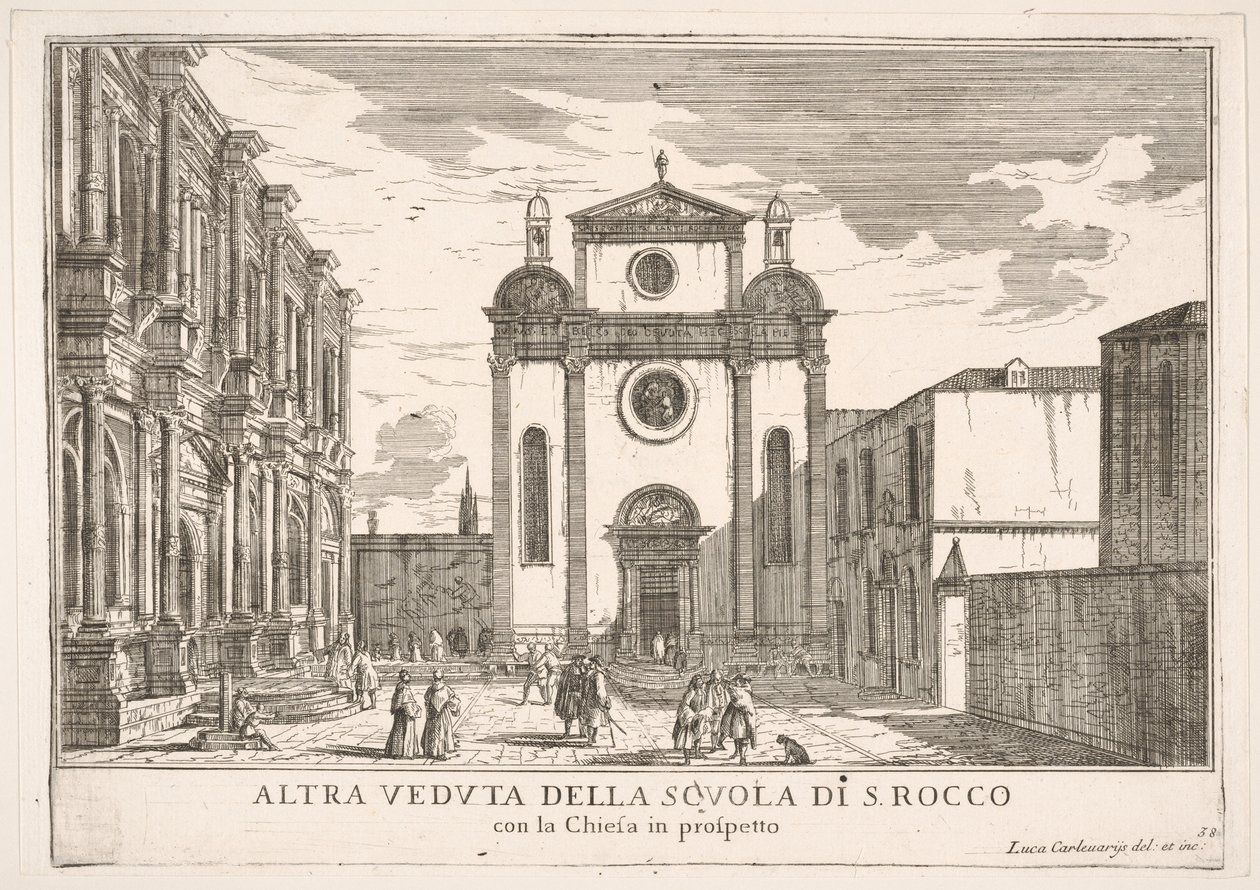 Ilustração 38: Vista da fachada da igreja de St. Roch e à esquerda da fachada do Schoo ..., 1703. de Luca Carlevarijs