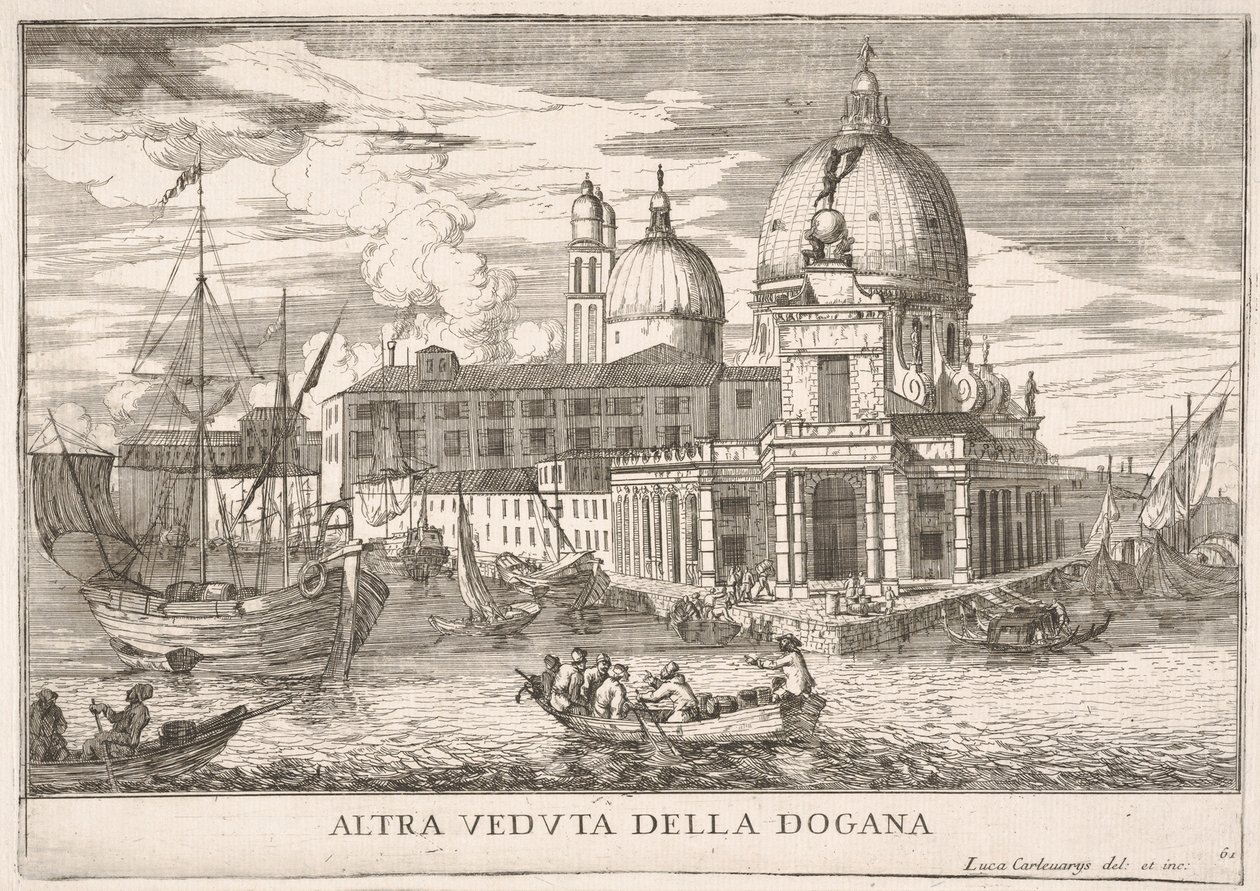 Ilustração 61: Vista da alfândega Dogana da Mar na confluência do Grande Canal em ..., 1703. de Luca Carlevarijs