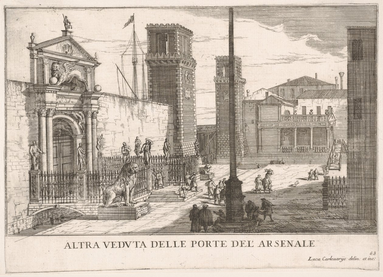 Ilustração 63: Vista do portão do complexo naval e arsenal Arsenale, Veneza, 1703, fr ..., 1703. de Luca Carlevarijs