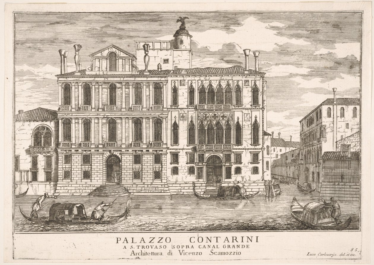 Ilustração 85: Vista do Palácio Contarini em Campo San Trovaso, Veneza, 1703, de The build ..., 1703. de Luca Carlevarijs