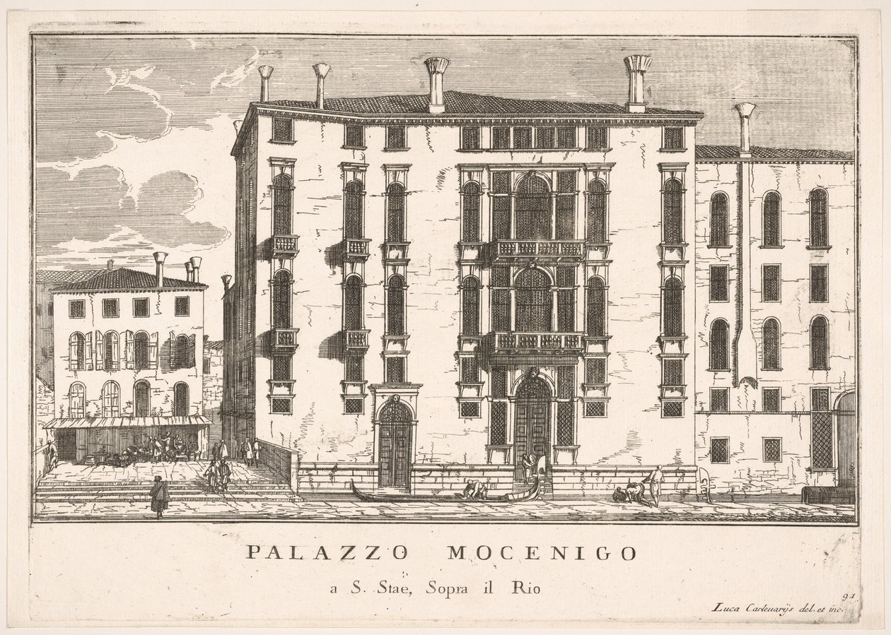 Ilustração 91: Vista do Palácio Mocenigo em Campo San Stae, Veneza, 1703, de Os edifícios ..., 1703. de Luca Carlevarijs