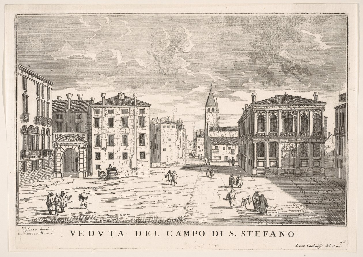Ilustração 95: Vista do Campo Santo Stefano com o Palácio Loredan e o Palácio Morosini, Veneza ..., 1703. de Luca Carlevarijs