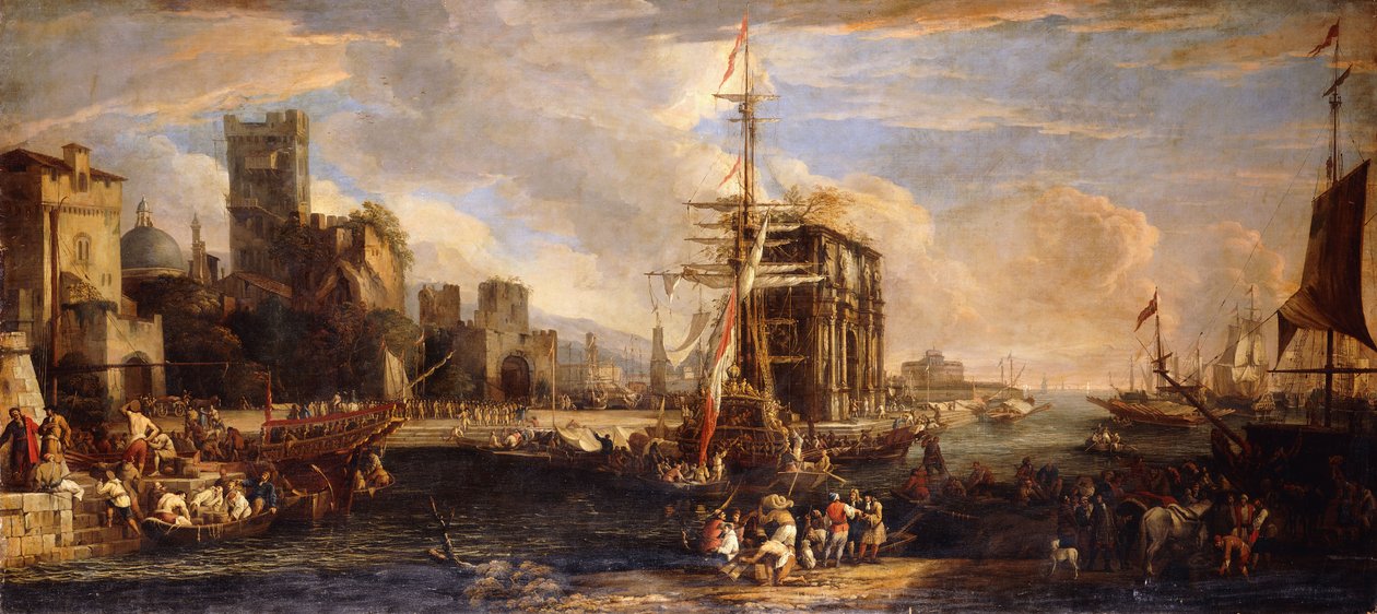 Um capricho de um porto mediterrâneo com navios austríacos, comerciantes e marinheiros nos cais em primeiro plano, uma companhia de milícias perto do Arco de Constantino e Castel Sant "Angelo além, de Luca Carlevaris