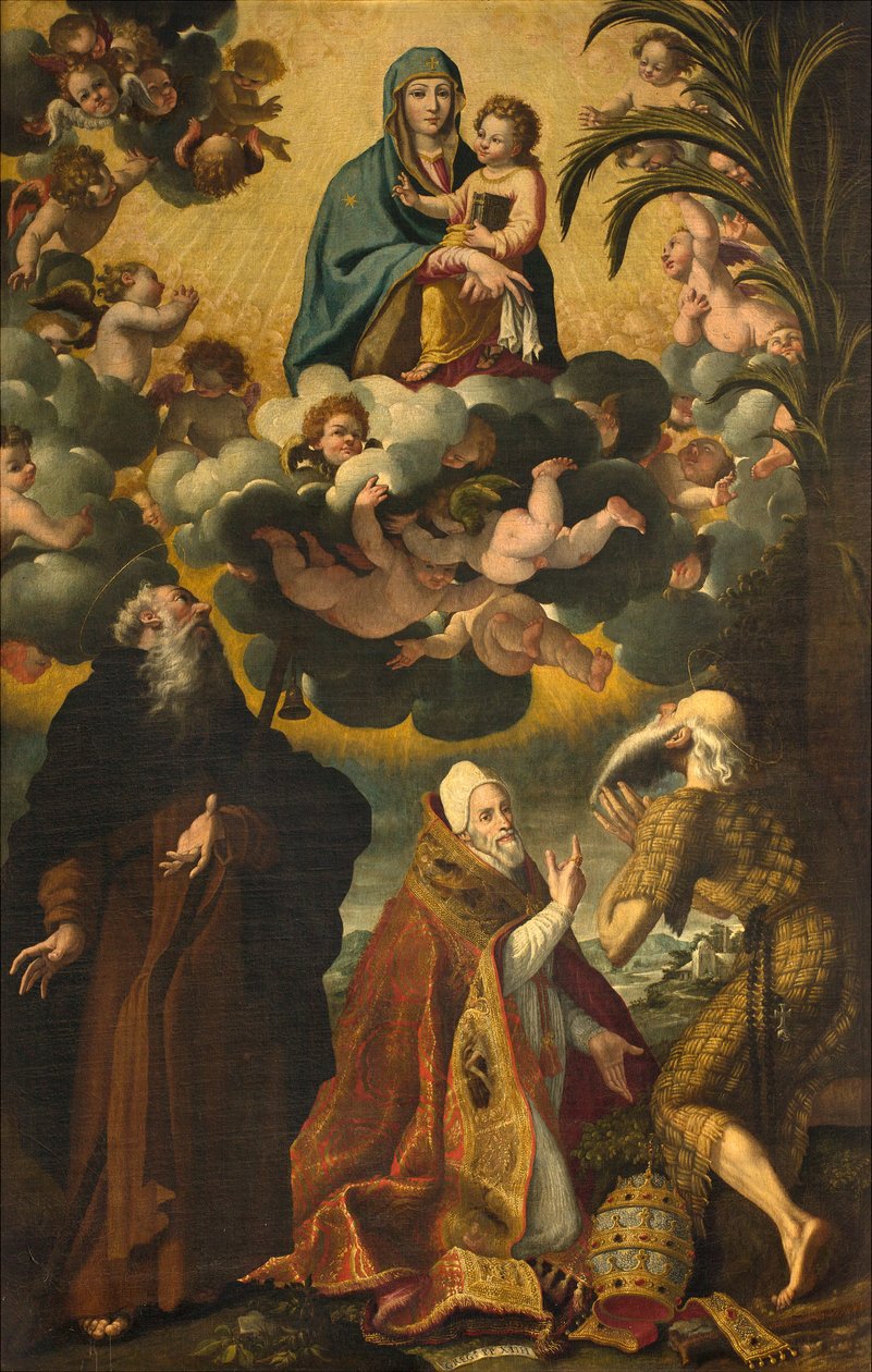 Altar de Santo António, Nossa Senhora e Criança com Santo António Abade Paulo Eremita e Papa Gregório XIV, Lucas Cattapane 1593 de Luca Cattapane