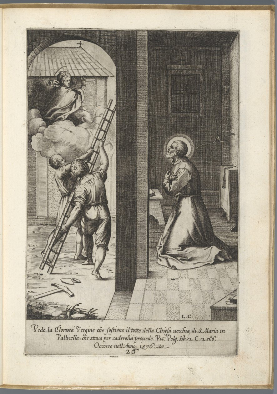 Filippo Neri vê Maria carregando o telhado de Santa Maria em Vallicella
Vida de São Filippo Neri (título da série) de Luca Ciamberlano