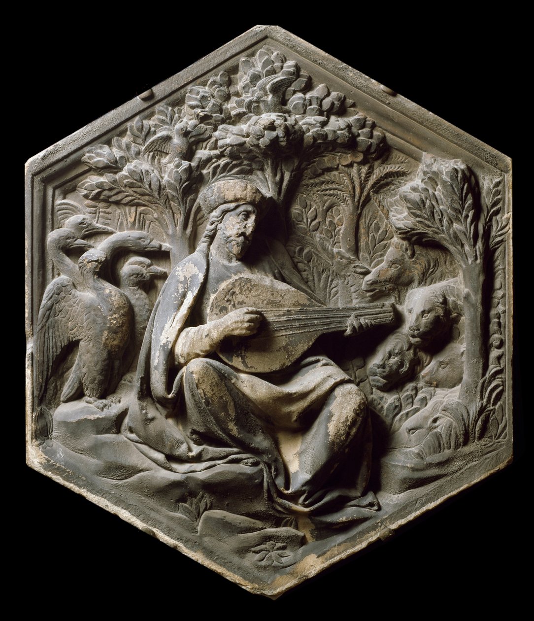 Alegoria da Música como Orphee Os animais da floresta ouvem Orphee tocando alaúde. Alto relevo por Luca della Robbia de Luca Della Robbia