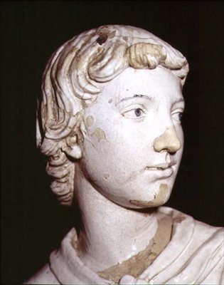 Anjo de suporte da vela, detalhe da cabeça (cerâmica vidrada) (detalhe de 97636) (para par ver 97637-8) de Luca Della Robbia