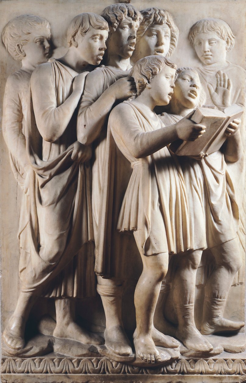 Crianças e querubins cantando, detalhe por Cantoria (galeria do coro) de Luca Della Robbia