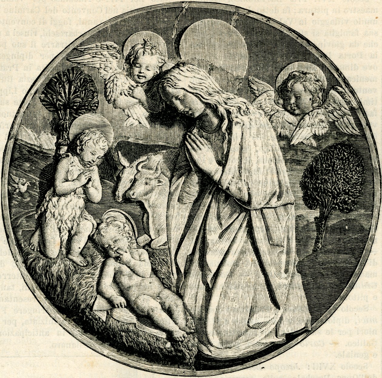Madonna em adoração à Criança com o Menino São João Batista e querubins, de Luca della Robbia (1399/1400-1482), Prato, Toscana, Itália, xilogravura de Le cento citta d