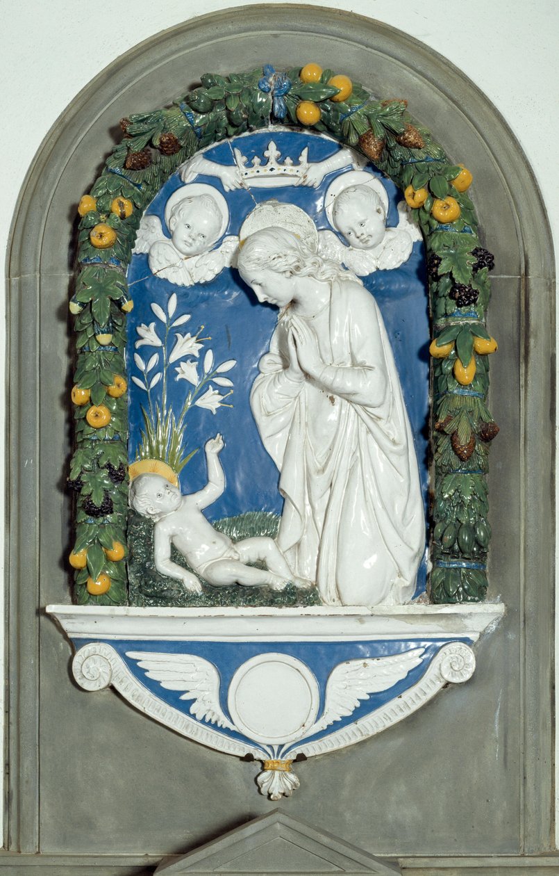 A Virgem Adorando a Criança Alto Alívio por Luca della Robbia (1400-1482) Santuário do século XV de Verna, Itália de Luca Della Robbia