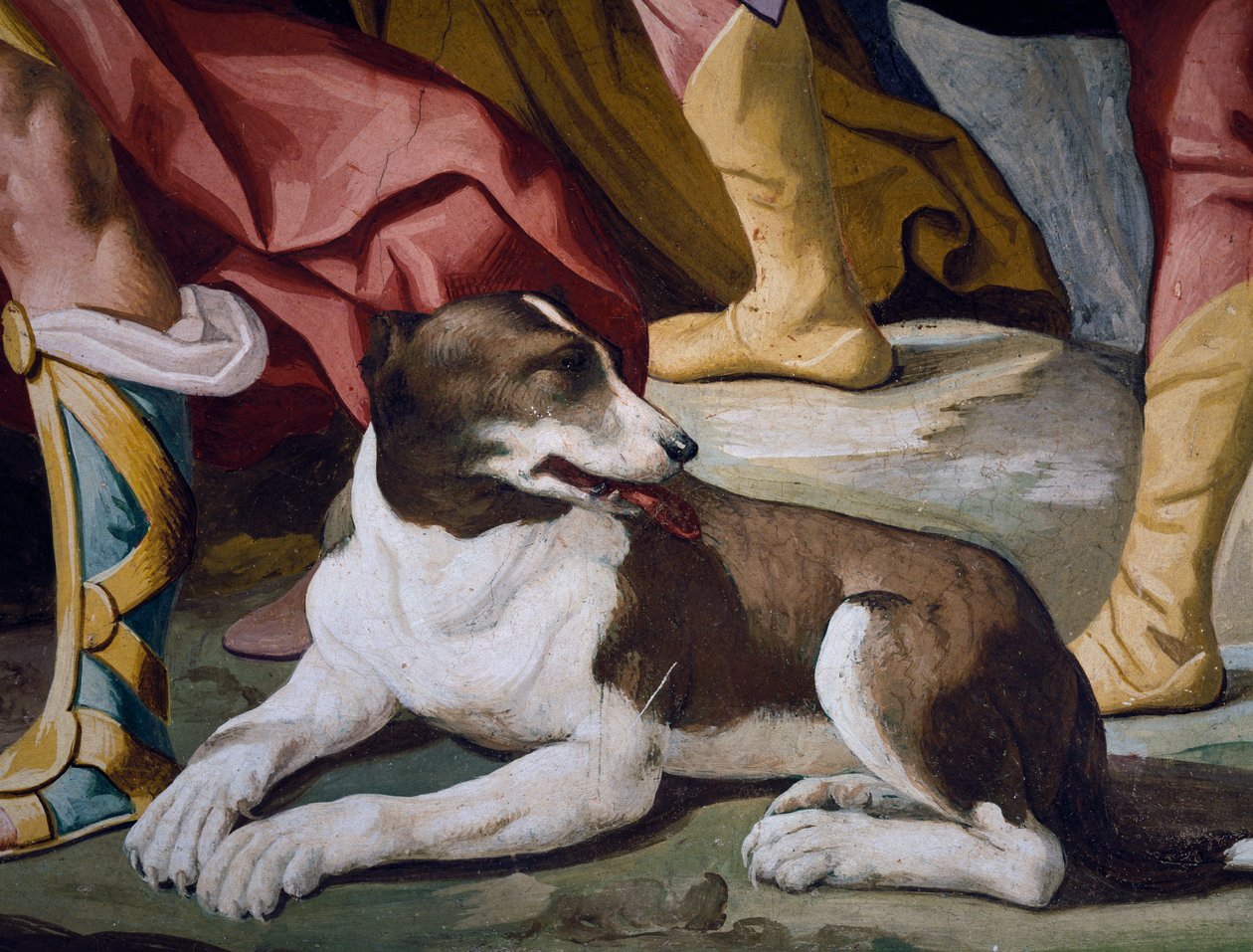 Cão, detalhe do fresco do ciclo de Histórias de Antenor de Luca Ferrari