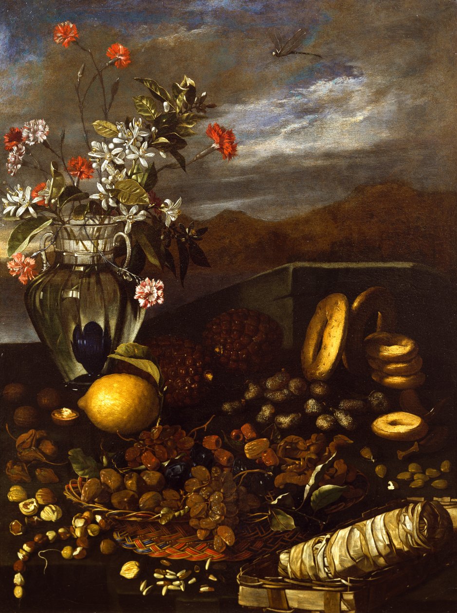 Natureza morta com frutos secos, flores e paisagem, por Luca Forte (1610-1670) de Luca Forte