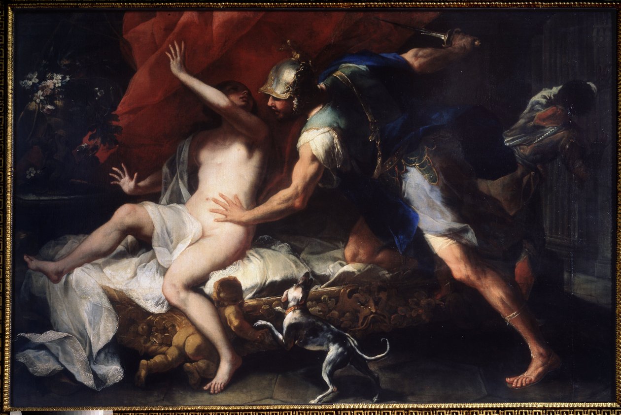(Tarquínio e Lucrécia) A violação de Lucrécia (Lucrécia, Lucrécia, senhora romana), vítima da violência do seu primo Sexto Tarquínio, filho de Tarquínio, o Soberbo. Pintura de Luca Giordano (1632-1705) Museu de Arte Estatal do século XVII, Tula, Rússia de Luca Giordano