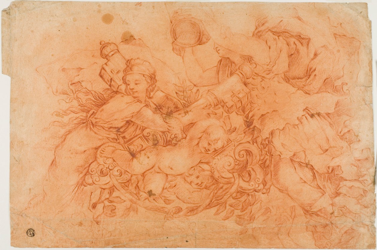 Figuras alegóricas segurando a insígnia papal, estudo após a Alegoria da Divina Providência no Palazzo Barberini em Roma de Luca Giordano