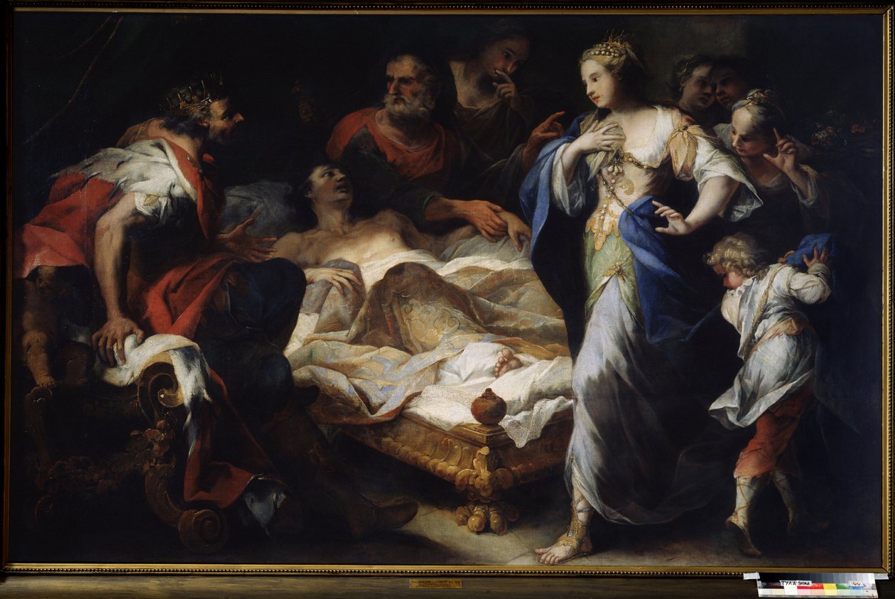 ""Antíoco (ou Antiochos) et Stratonice (ou Stratonike)"" (Antíoco e Stratonice) Antíoco, filho do rei Seleuco (ou Seleuco) I Nicator é tratado pelo médico Erasístrato de Ceos de uma doença devido ao seu amor por Stratonice, esposa de seu pai, de Luca Giordano
