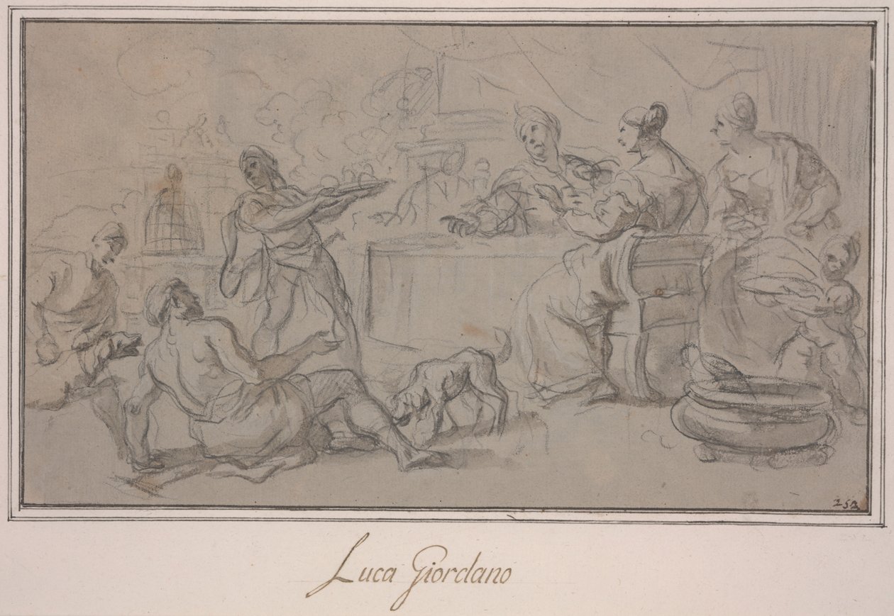 Banquete dos ricos (grafite e lavagem de tinta no papel) de Luca Giordano