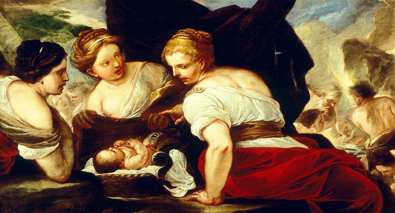 Filhas de Cecrops cesto de abertura que segura o bebé Erichthonius, de Luca Giordano (1634-1705), óleo sobre tela, 76,5x133,5 cm de Luca Giordano