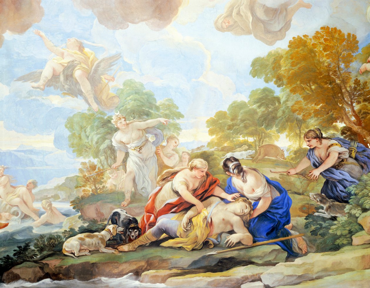 Morte de Adónis, detalhe do ciclo de afrescos no Salão dos Espelhos por Luca Giordano (1634-1705), fresco, Palazzo Medici Riccardi, Florença de Luca Giordano