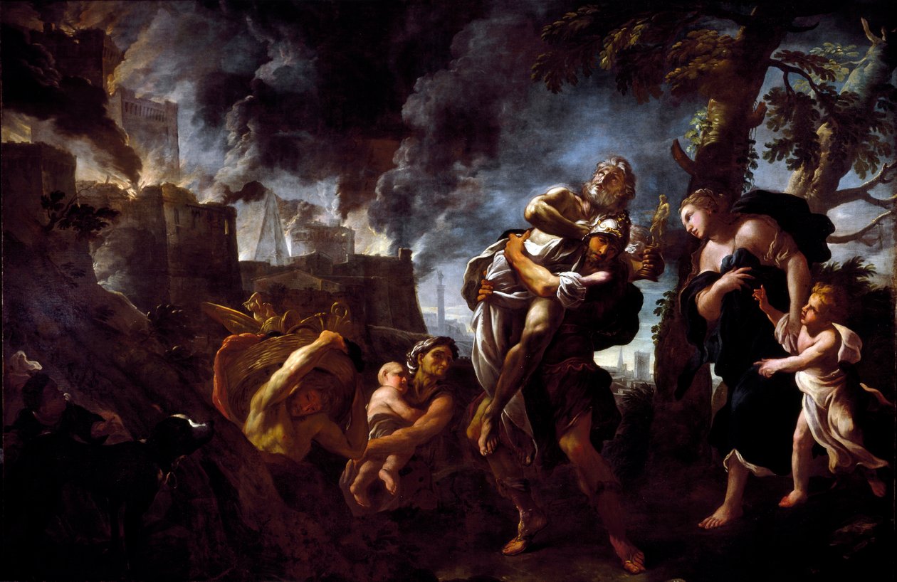 Enee fugindo de Troie Enee, carregando Anchise, fugiu da cidade e caiu nas mãos dos Acheens. Pintura de Luca Giordano (1634-1705) 1675-1680 Genes, Galleria Nazionale di Palazzo Spinola de Luca Giordano
