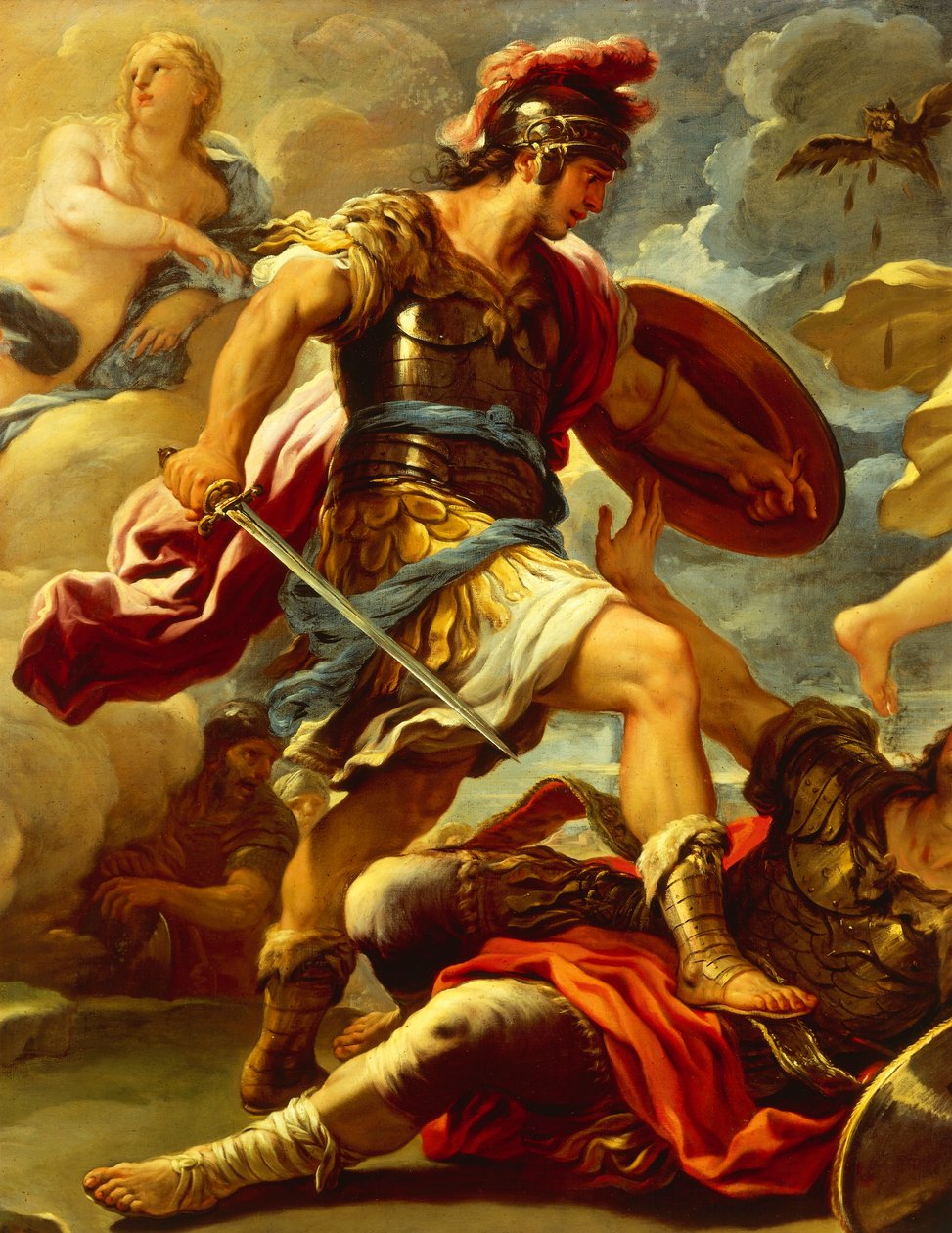 Figura de Enéas, detalhes de Enéas derrota Turnus, por Luca Giordano (1634-1705), óleo sobre tela de Luca Giordano