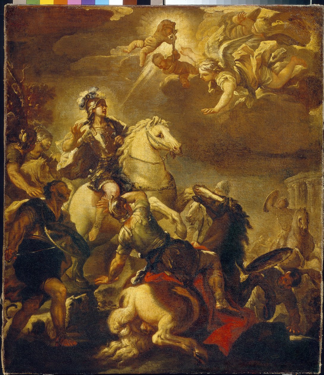A Aparição da Cruz ao Imperador Constantino (Flauius Valerius Aurelius Constantinus, 272-306). (A Aparição da Cruz ao Imperador Constantino). Pintura de Luca Giordano (1632-1705), óleo sobre tela, cerca de 1680. Arte italiana (Nápoles) de Luca Giordano