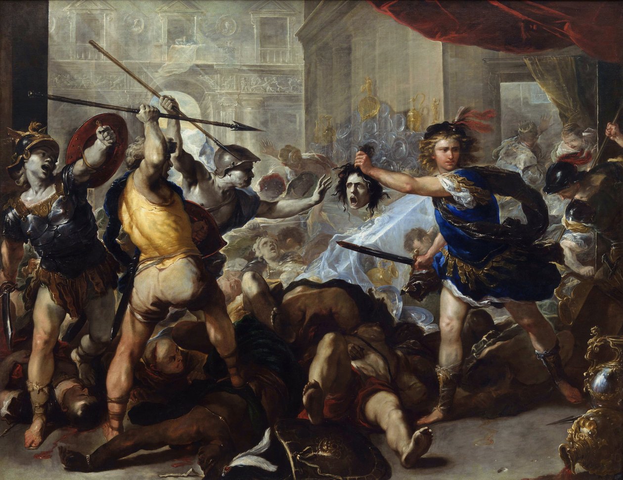 "Perseus transformando Phineas e seus seguidores em pintura de pedra por Luca Giordano (1632-1705) c. 1680 National Gallery, Londres de Luca Giordano