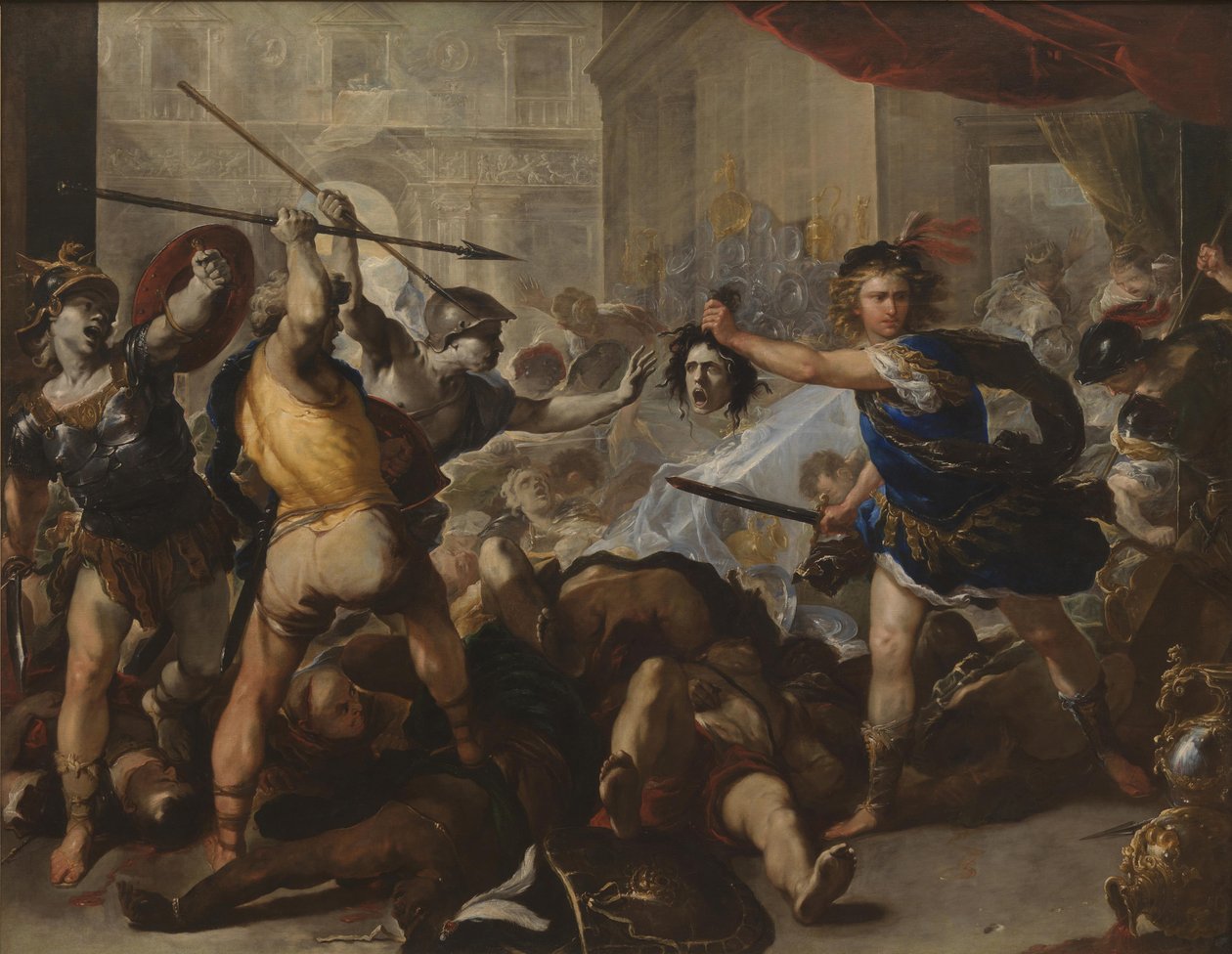 Perseu transformando Phineas e seus seguidores em pedra, no início da década de 1680 de Luca Giordano