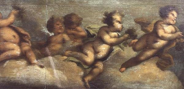 Putti disporting (papel sobre tela) (detalhe à esquerda) (ver também 67087-90) de Luca Giordano